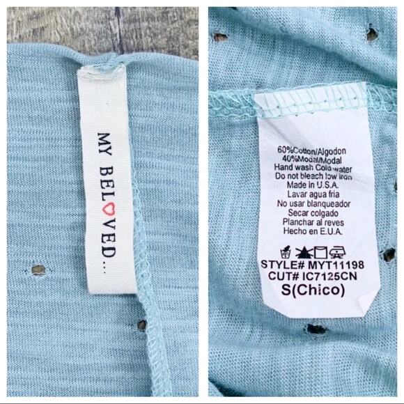 Mint green eyelet handkerchief hem short sleeve asymmetric tunic tee - Picture 6 of 7